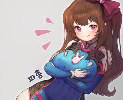 Rule 34 | 1girl, :q, annyeongbangawo, blue bodysuit, bodysuit, bow, breast hold, breasts, brown hair, character request, cosplay, d.va (overwatch), d.va (overwatch) (cosplay), grey background, hair bow, large breasts, long hair, looking at viewer, maplestory, maplestory 2, overwatch, overwatch 1, pink bow, purple eyes, simple background, smile, solo, tongue, tongue out, twintails