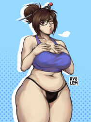 Rule 34 | 1girl, artist request, bare shoulders, barefoot, blue background, breasts, brown eyes, brown hair, from behind, hair bun, hair ornament, highres, large breasts, lips, looking at viewer, mei (overwatch), micro panties, one eye closed, overwatch, overwatch 1, panties, parted lips, plump, ryulem, sideboob, single hair bun, smile, solo, standing, thong, underwear, underwear only, wink