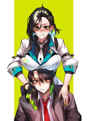 Rule 34 | 1boy, 1girl, absurdres, behind another, black hair, black shirt, blue hair, blush, breasts, brown hair, brown jacket, commentary request, commission, condom, condom packet strip, condom wrapper, dogs (dlrkdejr26), earrings, girls&#039; frontline, gloves, green eyes, green hair, green nails, hair ornament, hands on another&#039;s shoulders, highres, holding, holding condom, jacket, jewelry, korean commentary, large breasts, light blue hair, long hair, long sleeves, looking at another, mole, mole under eye, multicolored hair, nail polish, necktie, open mouth, original, python (girls&#039; frontline), ring, scar, shirt, shooting gloves, short hair, simple background, smile, solo, star pin, streaked hair, sweat, two-tone background, two-tone hair, wedding ring, white jacket, white necktie, white shirt