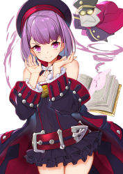 Rule 34 | 1girl, bare shoulders, belt, black coat, black dress, black headwear, blush, book, breasts, closed mouth, coat, colonel olcott (fate), detached collar, doll, dress, fate/grand order, fate (series), hands up, helena blavatsky (fate), long sleeves, looking at viewer, medallion, off shoulder, open book, open clothes, open coat, purple eyes, purple hair, short dress, simple background, small breasts, smile, strapless, strapless dress, thighs, white background, yuuzuki (re&#039;ef)