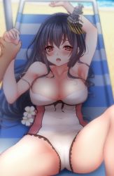 Rule 34 | 1girl, black hair, breasts, casual one-piece swimsuit, covered navel, fusou (kancolle), hair ornament, highres, kantai collection, large breasts, long hair, low-tied long hair, lying, multicolored clothes, multicolored swimsuit, nuka (nvkka), official alternate costume, on back, one-piece swimsuit, red eyes, red one-piece swimsuit, solo focus, strap slip, swimsuit, white one-piece swimsuit