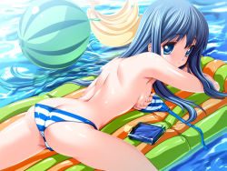 Rule 34 | 1girl, ass, ball, banana, beachball, bikini, blue eyes, blue hair, breast hold, breasts, butt crack, copyright request, covering privates, covering breasts, female focus, food, fruit, inflatable raft, inflatable toy, long hair, lotion, matching hair/eyes, non-web source, senomoto hisashi, sideboob, solo, sunbathing, sunscreen, swimsuit, unfastened, watermelon