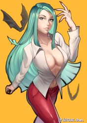 Rule 34 | 1girl, absurdres, alternate costume, alternate hairstyle, bat (animal), blurry, breasts, capcom, cleavage, demon girl, fingernails, green eyes, green hair, hanny (uirusu chan), highres, large breasts, long hair, looking at viewer, morrigan aensland, nail polish, navel, no bra, open clothes, open shirt, pants, red pants, shirt, sidelocks, solo, twitter username, vampire (game), white shirt, yellow background