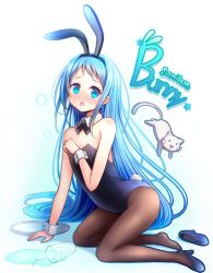 Rule 34 | 1girl, akisame rizu, animal, animal ears, arm support, batsubyou, black footwear, black leotard, blue background, blue eyes, blue hair, bow, bowtie, brown pantyhose, cat, commentary request, cup, detached collar, drinking glass, fake animal ears, flat chest, full body, glass, highres, kantai collection, kneeling, leotard, long hair, looking at viewer, pantyhose, playboy bunny, rabbit ears, rabbit tail, samidare (kancolle), shoes, single shoe, spill, strapless, strapless leotard, tail, wrist cuffs