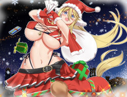 Rule 34 | 1girl, :o, animal ears, arms up, bikini, bikini skirt, blonde hair, blue eyes, blush, box, breasts, capelet, centaur, centorea shianus, christmas, cleavage, collarbone, commentary, covered erect nipples, cowboy shot, fur-trimmed capelet, fur-trimmed gloves, fur trim, gift, gift box, gloves, hair between eyes, hair ornament, hat, highleg, highleg bikini, highres, holding, holding sack, horse ears, horse tail, imaani, large breasts, long hair, looking at viewer, monster girl, monster musume no iru nichijou, multiple legs, navel, night, open mouth, pointy ears, ponytail, red bikini, red capelet, red gloves, red skirt, sack, santa hat, side-tie bikini bottom, sidelocks, skirt, snowflakes, solo, sparkle, standing, standing on three legs, stomach, swimsuit, tail, taur, very long hair
