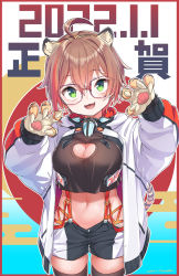 Rule 34 | 1girl, :d, ahoge, animal ears, artist name, black shirt, black shorts, black thighhighs, blush, breasts, brown hair, chinese zodiac, claws, cleavage, cleavage cutout, clothing cutout, commentary, cowboy shot, crop top, crop top overhang, dated, extra ears, fang, glasses, green eyes, groin, hair between eyes, hands up, head tilt, highres, hood, hood down, hooded jacket, jacket, konnyaku (kk-monmon), large breasts, long sleeves, looking at viewer, midriff, multicolored hair, navel, open mouth, original, shirt, short hair, short shorts, shorts, sidelocks, skindentation, smile, solo, standing, streaked hair, suspender shorts, suspenders, tail, thighhighs, tiger ears, tiger girl, tiger stripes, tiger tail, two-tone shorts, white jacket, white shorts, year of the tiger
