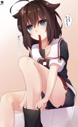 Rule 34 | 1girl, absurdres, adjusting clothes, adjusting legwear, ahoge, black serafuku, black shirt, black skirt, blue eyes, brown hair, commentary request, dressing, hair flaps, hibiki (zerocodo), highres, kantai collection, miniskirt, mouth hold, neckerchief, pleated skirt, red neckerchief, school uniform, serafuku, shigure (kancolle), shigure kai ni (kancolle), shirt, sitting, skirt, solo, thought bubble, translation request