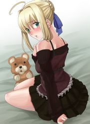 Rule 34 | 1girl, ahoge, arm support, artoria pendragon (all), artoria pendragon (fate), bare shoulders, blonde hair, blush, fate/hollow ataraxia, fate/stay night, fate (series), frills, green eyes, hair ribbon, highres, kneeling, lion, looking at viewer, looking back, nono (noppodesu), noppodesu, official alternate costume, pleated skirt, ribbon, saber (fate), skirt, solo, stuffed animal, stuffed lion, stuffed toy
