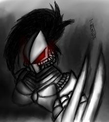 Rule 34 | bad id, bad pixiv id, black hair, claws, fulgore, highres, humanoid robot, killer instinct, long hair, mikan susano o, monochrome, red eyes, robot, simple background
