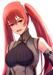 Rule 34 | 1girl, breasts, brown eyes, detached sleeves, fire emblem, fire emblem awakening, hair between eyes, highres, labebebe lee, long hair, looking at viewer, medium breasts, nintendo, open mouth, red hair, red ribbon, ribbon, severa (fire emblem), simple background, solo, twintails, underbust, upper body, very long hair, wavy mouth, white background