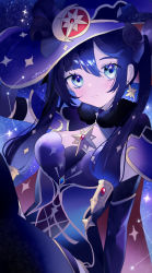 Rule 34 | 1girl, black gloves, black thighhighs, blue eyes, blue hair, bow, cape, closed mouth, commentary request, constellation, cowboy shot, crescent, crescent hat ornament, dark blue hair, earrings, elbow gloves, fur trim, gen arare, genshin impact, gloves, hair bow, hat, hat ornament, highres, jewelry, long hair, looking at viewer, mona (genshin impact), night, night sky, purple hat, red cape, sky, smile, solo, star (sky), star (symbol), star earrings, star hat ornament, starry sky, thighhighs, twintails, twitter username, witch hat