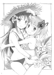 Rule 34 | 10s, 2girls, akemi homura, ayukko (forest village), bare shoulders, bikini, blush, bracelet, breasts, cheek-to-cheek, cleavage, collarbone, couple, cowboy shot, flat chest, flower, greyscale, hair flower, hair ornament, hair ribbon, hand on another&#039;s hip, hand on shoulder, hat, heads together, hibiscus, hug, jewelry, kaname madoka, looking at viewer, mahou shoujo madoka magica, mahou shoujo madoka magica (anime), monochrome, multiple girls, plant, ribbon, simple background, standing, straw hat, sun hat, swimsuit, tareme, thighs, white background, yuri