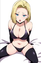 Rule 34 | 1girl, android 18, arm support, arms behind back, bare shoulders, batta 16-sei, bikini, black gloves, black thighhighs, blonde hair, blue eyes, bob cut, breasts, cleavage, collarbone, dragon ball, dragonball z, earrings, elbow gloves, forehead, from above, gloves, groin, highres, hoop earrings, jewelry, large breasts, looking at viewer, medium hair, open mouth, parted hair, shiny clothes, simple background, sitting, solo, swimsuit, thighhighs, white background