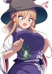 Rule 34 | 1girl, absurdres, blonde hair, blush, breasts, brown hat, commentary request, cowboy shot, darumoon, hands up, hat, highres, large breasts, long hair, long sleeves, moriya suwako, open mouth, purple skirt, shirt, simple background, skirt, solo, surprised, sweat, touhou, v-shaped eyebrows, white background, white shirt, yellow background
