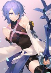 Rule 34 | 1girl, aqua (kingdom hearts), black shorts, black thighhighs, blue eyes, blue hair, breasts, closed mouth, commission, cowboy shot, detached sleeves, holding, holding sword, holding weapon, jagayamatarawo, keyblade, kingdom hearts, long sleeves, looking at viewer, medium breasts, medium hair, pink background, shorts, skeb commission, solo, standing, sword, thighhighs, weapon, wide sleeves