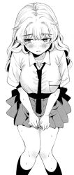 Rule 34 | 1girl, black socks, blonde hair, closed mouth, embarrassed, filter-goshi no kanojo, grey skirt, greyscale, koto mitsuha, long hair, looking to the side, monochrome, open mouth, purple eyes, school uniform, shirt, skirt, socks, solo, transparent background, very long hair, white shirt