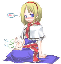 Rule 34 | 1girl, afterimage, alice margatroid, blonde hair, blue eyes, blush, capelet, come hither, dress, female focus, hairband, hane (hanegoya), lap pillow, lap pillow invitation, looking at viewer, short hair, sitting, solo, spoken blush, spoken sweatdrop, sweatdrop, touhou, tsundere, wavy mouth