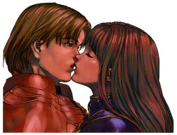 Rule 34 | 1boy, 1girl, armor, blonde hair, blue armor, breasts, brown hair, close-up, couple, hetero, kiss, lenneth valkyrie, lips, lucian (valkyrie profile), official art, parted lips, purple eyes, red armor, silver hair, simple background, upper body, valkyrie profile (series), white background, yoshinari kou, yoshinari you