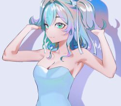 1girl armpits arms_up bare_shoulders bodysuit bow breasts cleavage commentary english_commentary green_eyes grey_hair hair_between_eyes hair_bow hair_ribbon highres indie_virtual_youtuber kuroi_enpitsu long_hair looking_at_viewer medium_breasts multicolored_hair purple_hair ribbon second-party_source simple_background sleeveless smile solo streaked_hair twintails upper_body virtual_youtuber white_background white_bow yuy_(vtuber)