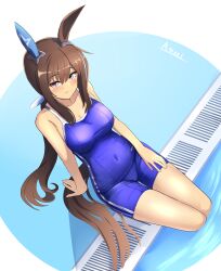 Rule 34 | 1girl, a.nori, absurdres, admire vega (umamusume), animal ears, arm support, artist name, blue one-piece swimsuit, blush, breasts, brown hair, cleavage, commentary request, competition school swimsuit, cowboy shot, ear covers, highres, horse ears, horse girl, horse tail, large breasts, long hair, low ponytail, one-piece swimsuit, partially submerged, poolside, purple eyes, school swimsuit, single ear cover, sitting, smile, solo, standing, swimsuit, tail, tracen swimsuit, umamusume, wet, wet clothes, wet swimsuit