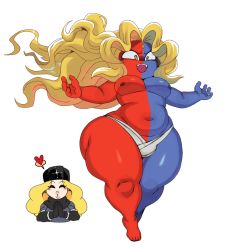 Rule 34 | 1boy, 1girl, blonde hair, blue skin, capcom, clapping, coat, colored skin, eric lowery, eyelashes, floating, gill (street fighter), hat, heart, highres, kolin, lips, long hair, male focus, multicolored skin, muscular, navel, nipples, no shirt, no shoes, pectorals, red skin, shortstack, spoken heart, street fighter, street fighter iii (series), street fighter v, thick thighs, thighs, white background, wide hips, yellow eyes