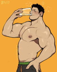 Rule 34 | 1boy, absurdres, alternate pectoral size, bara, belly, biceps, blush, brown hair, bulge, cowboy shot, drinking, from side, glass, haikyuu!!, hand on own hip, highres, jimsdaydreams, large pectorals, male focus, muscular, muscular male, navel, nipples, pants, pectorals, sawamura daichi, topless male, short hair, sideburns, smile, solo, stomach, track pants
