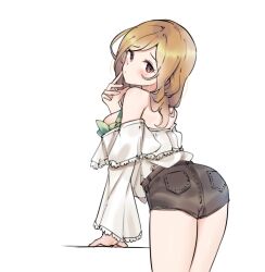 Rule 34 | 1girl, aa211108, bare shoulders, blonde hair, blush, breasts, closed mouth, dot mouth, dot nose, eyelashes, frilled shirt, frilled sleeves, frills, from behind, hand on own cheek, hand on own face, idolmaster, idolmaster million live!, idolmaster million live! theater days, large breasts, long hair, long sleeves, looking at viewer, looking back, momose rio, off shoulder, parted bangs, red eyes, shirt, shorts, sidelocks, simple background, solo, straight hair, thighs, wavy hair, white background