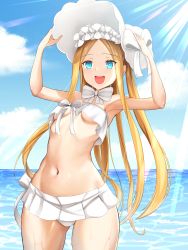 Rule 34 | 1girl, abigail williams (fate), abigail williams (swimsuit foreigner) (fate), absurdres, bare arms, bare shoulders, bikini, blonde hair, blue eyes, bonnet, bow, breasts, cowboy shot, fate/grand order, fate (series), highres, long hair, multiple bows, ocean, shiny skin, small breasts, solo, standing, sunlight, swimsuit, very long hair, water, wet, white bikini, white bow