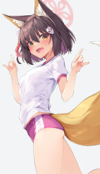 Rule 34 | 1girl, animal ears, ass, black hair, blue archive, blush, double fox shadow puppet, eyeshadow, fang, fox ears, fox shadow puppet, fox tail, grey background, gym shirt, gym shorts, gym uniform, hair between eyes, halo, highres, izuna (blue archive), kanzen bouon, looking at viewer, makeup, open mouth, pink halo, pink shorts, red eyeshadow, shirt, short hair, short sleeves, shorts, simple background, skin fang, smile, solo, tail, white shirt, yellow eyes