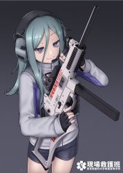 Rule 34 | 1girl, absurdres, black background, black gloves, black shorts, closed mouth, commentary request, ear protection, fingerless gloves, gloves, gradient background, grey background, grey hair, grey jacket, gun, hair between eyes, headset, highres, holding, holding gun, holding weapon, ismuth (bibibibirite), jacket, long hair, long sleeves, original, puffy long sleeves, puffy sleeves, purple eyes, short shorts, shorts, sleeves past wrists, smile, solo, translation request, weapon, weapon request