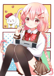 Rule 34 | 1girl, absurdres, animal, bell, black thighhighs, blush, bow, braid, brown dress, cabbie hat, cat, closed mouth, collared shirt, comic girls, commentary request, convenient leg, drawing tablet, dress, feet out of frame, hair between eyes, hair ornament, hairclip, hand up, hat, highres, holding, holding stylus, jingle bell, knees together feet apart, knees up, long hair, long sleeves, looking at viewer, low twintails, moeta kaoruko, neck bell, nyaos, pink hair, pleated dress, puffy long sleeves, puffy sleeves, red bow, red eyes, red headwear, ryoutan, shirt, sitting, sleeveless, sleeveless dress, smile, stylus, thighhighs, twin braids, twintails, very long hair, white shirt, x hair ornament