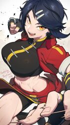 Rule 34 | 1girl, abs, black hair, breasts, character request, fighting stance, fingerless gloves, gloves, hata4564, highres, jacket, large breasts, nails, navel, open mouth, original, pov, shorts, smile, sweat, yellow eyes