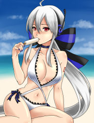 1girl beach bikini bow day female_focus food hair_bow headphones headset kirita_asami long_hair microphone popsicle red_eyes solo swimsuit very_long_hair vocaloid white_hair yowane_haku