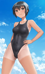 Rule 34 | 1girl, black eyes, black hair, black one-piece swimsuit, blue sky, breasts, cloud, collarbone, commentary, competition swimsuit, covered navel, hand on own hip, hashi, highleg, highleg swimsuit, looking at viewer, medium breasts, one-piece swimsuit, original, paid reward available, paid reward available, short hair, sky, solo, swimsuit, tan, tanline, tomboy
