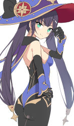 Rule 34 | 1girl, ass, black hair, blush, closed mouth, detached sleeves, e.o., from side, genshin impact, gloves, green eyes, hat, highres, leotard, long hair, looking at viewer, mona (genshin impact), sidelocks, simple background, smile, solo, twintails, white background, witch hat