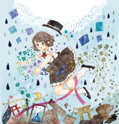 Rule 34 | 1girl, album cover, bow, brown hair, clam, cover, crescent, cup, water drop, falling, flower, gap (touhou), hair bow, hat, unworn headwear, hourglass, onigiri (ginseitou), ribbon, short hair, skirt, solo, star (symbol), suspenders, teacup, television, torii, touhou, usami renko