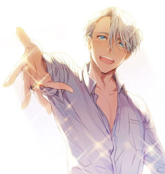 Rule 34 | 1boy, :d, blue eyes, collared shirt, jewelry, kuroemon, male focus, open clothes, open mouth, open shirt, outstretched hand, ring, shirt, silver hair, smile, sparkle, viktor nikiforov, yuri!!! on ice