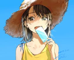 Rule 34 | 1girl, artist name, blue background, brown eyes, brown hair, commentary request, dated, eating, food, hat, highres, holding, holding food, looking at viewer, medium hair, open mouth, original, popsicle, portrait, sako (35s 00), shirt, signature, simple background, sleeveless, sleeveless shirt, solo, straw hat, sweat, teeth, wet, wet hair