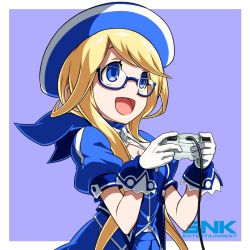 Rule 34 | 1girl, ascot, beret, blonde hair, blue-framed eyewear, blue ascot, blue eyes, cleavage cutout, clothing cutout, controller, enta girl, falcoon, game controller, glasses, gloves, hat, highres, jacket, mascot, official art, playing games, puffy short sleeves, puffy sleeves, purple background, semi-rimless eyewear, short hair with long locks, short sleeves, simple background, smile, snk, solo, upper body