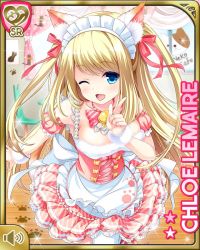 Rule 34 | 1girl, animal ears, blonde hair, blue eyes, bow, cafe, card (medium), cat ears, cat tail, character name, chloe lemaire, dress, fake animal ears, fake animal tail, girlfriend (kari), hat, indoors, long hair, maid headdress, official art, one eye closed, open mouth, qp:flapper, smile, solo, tagme, tail, white background, white bow, white dress, white hat, wink