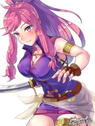 Rule 34 | 1girl, bare shoulders, blush, boris (noborhys), breasts, brown gloves, cleavage, fingerless gloves, fire emblem, fire emblem: the sacred stones, fire emblem heroes, gloves, holding, holding sword, holding weapon, large breasts, long hair, marisa (fire emblem), nintendo, pink eyes, pink hair, ponytail, sidelocks, smile, solo, sword, thighs, weapon, white background