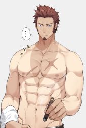 Rule 34 | 00047, 1boy, abs, bara, beard, blue eyes, brown hair, cigar, facial hair, fate/grand order, fate (series), large pectorals, long sideburns, looking at viewer, male focus, manly, muscular, napoleon bonaparte (fate), nipples, pectorals, scar, sideburns, simple background, solo, sunburn