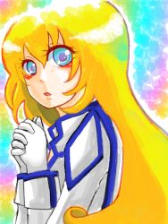 Rule 34 | 00s, 1girl, blonde hair, blue eyes, colette brunel, dress, female focus, gloves, holding, holding hands, interlocked fingers, long hair, looking at viewer, open mouth, praying, solo, tales of (series), tales of symphonia, white dress, white gloves