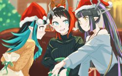 Rule 34 | 3girls, nanashi inc., alternate costume, antlers, black hair, black one-piece swimsuit, blue eyes, blue hair, blunt bangs, blush, breasts, christmas, closed mouth, commentary request, demon girl, demon horns, ear chain, ear piercing, fake antlers, fang, gift, gin (tttetu123), hat, highres, horns, kojo anna, large breasts, long hair, long sleeves, looking at another, multicolored hair, multiple girls, off-shoulder shirt, off shoulder, one-piece swimsuit, open mouth, piercing, pointy ears, red eyes, red hair, ryugasaki rene, santa hat, shirt, shishio chris, short hair, skin fang, small breasts, smile, sugar lyric, sweater, swimsuit, twintails, two-tone hair, virtual youtuber, white shirt, yellow eyes, yellow sweater