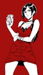 Rule 34 | 1girl, absurdres, ada wong, angry, black hair, bob cut, breasts, choker, dress, gun, highres, kinuko (kinucakes), looking at viewer, monochrome, pantyhose, red background, red dress, resident evil, resident evil 2, resident evil 2 (remake), short hair, solo, weapon