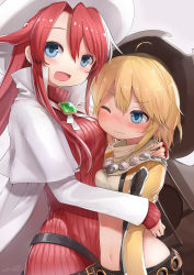 Rule 34 | 2girls, :d, ahoge, aty (summon night), belt, beret, blonde hair, blue eyes, blush, breasts, brown belt, closed mouth, coat, commentary request, cowboy hat, cowboy shot, crop top, cropped jacket, dated, dress, hair between eyes, hat, height difference, highres, hug, jacket, large breasts, long hair, long sleeves, looking at another, looking at viewer, midriff, multiple girls, navel, nose blush, one eye closed, open clothes, open jacket, open mouth, red hair, red sweater, ribbed sweater, shirt, short hair, sidelocks, signature, simple background, sleeves past wrists, small breasts, smile, sonolar, standing, summon night, summon night 3, sweat, sweater, sweater dress, umino hotate, white background, white coat, white headwear, white shirt, yellow jacket