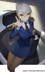 Rule 34 | 1girl, arm support, bad id, bad twitter id, black necktie, blue jacket, blue skirt, breasts, brown pantyhose, carchet, closed mouth, collared shirt, cropped legs, epaulettes, from above, glasses, hair between eyes, hair bun, hand up, highres, indoors, insignia, jacket, large breasts, long sleeves, looking at viewer, looking up, military, military uniform, necktie, official art, pantyhose, pencil skirt, police, police uniform, policewoman, qurare magic library, shirt, silver hair, single hair bun, sitting, skirt, smile, solo, uniform, v-shaped eyebrows, white shirt, wing collar, yellow-framed eyewear, yellow eyes