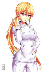 Rule 34 | 1girl, artist logo, blonde hair, breasts, buttons, chef, cowboy shot, double-breasted, hair between eyes, hand on own hip, highres, jacket, jvco arts, large breasts, long hair, looking at viewer, low ponytail, nakiri erina, open mouth, pants, playing with own hair, purple eyes, shokugeki no souma, solo, white background, white jacket, white pants