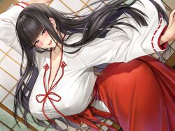 Rule 34 | 1girl, absurdres, ass, black hair, blunt bangs, blush, breasts, cleavage, hakama, hakama skirt, highres, hime cut, huge breasts, japanese clothes, kimono, lips, long hair, looking at viewer, masami chie, miko, non-web source, open mouth, original, purple eyes, red hakama, robe, skirt, smile, solo, wide sleeves