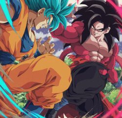 Rule 34 | 2boys, abs, arm up, baggy pants, biceps, black hair, black pants, blue eyes, blue hair, blue sash, blue shirt, blue sky, blue wristband, body fur, bure (fantasticyouth7), cloud, commentary request, day, dougi, dragon ball, dragon ball gt, dragon ball heroes, dragon ball super, dual persona, grin, hand up, highres, knee up, long hair, looking at another, male focus, monkey tail, multiple boys, muscular, muscular male, outdoors, pants, pectorals, profile, red fur, sash, shirt, short sleeves, sky, smile, son goku, son goku (xeno), spiked hair, super saiyan, super saiyan 4, super saiyan blue, tail, teeth, torn clothes, torn pants, tree, v-shaped eyebrows, wristband, yellow eyes